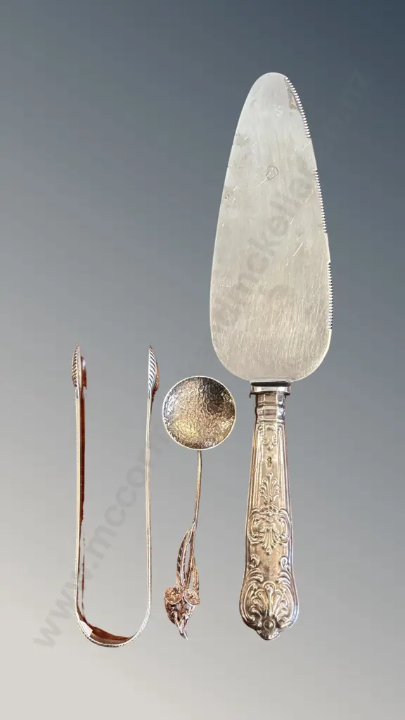 Sterling Silver Cake Slice (stainless Slice), Tongs and Decorative Spoon TW130gms Image 1++