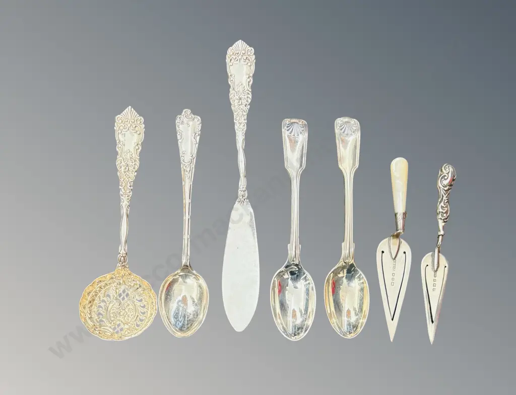 Sterling Silver Teaspoons, Ornate Sugar Spoon, Pearl Handled & Ornate Handled Trowel Bookmark, Pate Knife TW87.5gms Image 1++