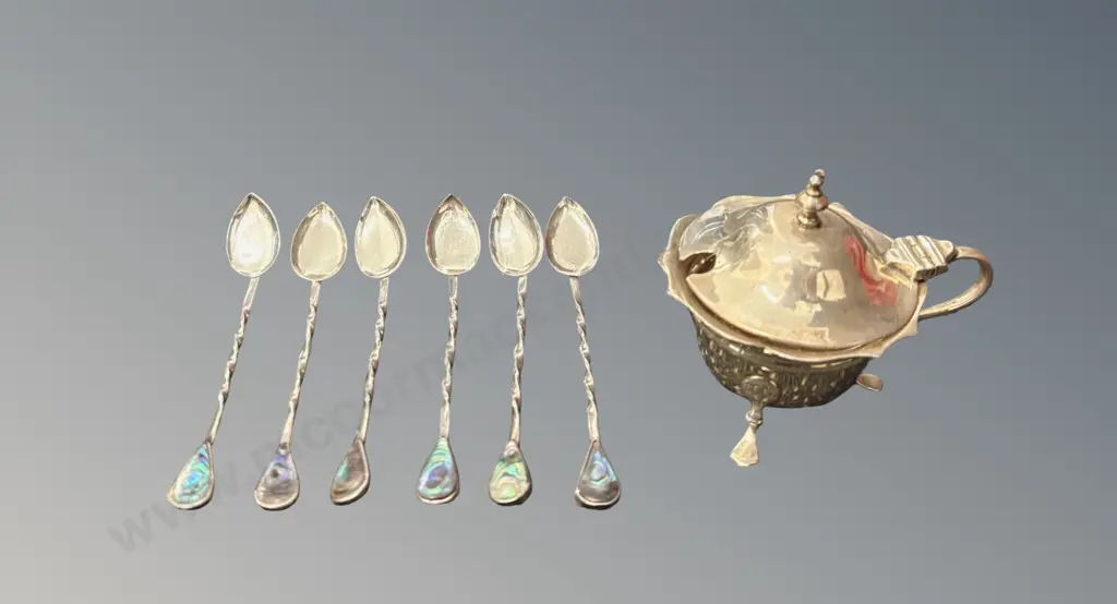 Sterling Silver Paua Spoons & Sterling Silver Footed Mustard Pot (no liner) TW66.6gms Image 1++
