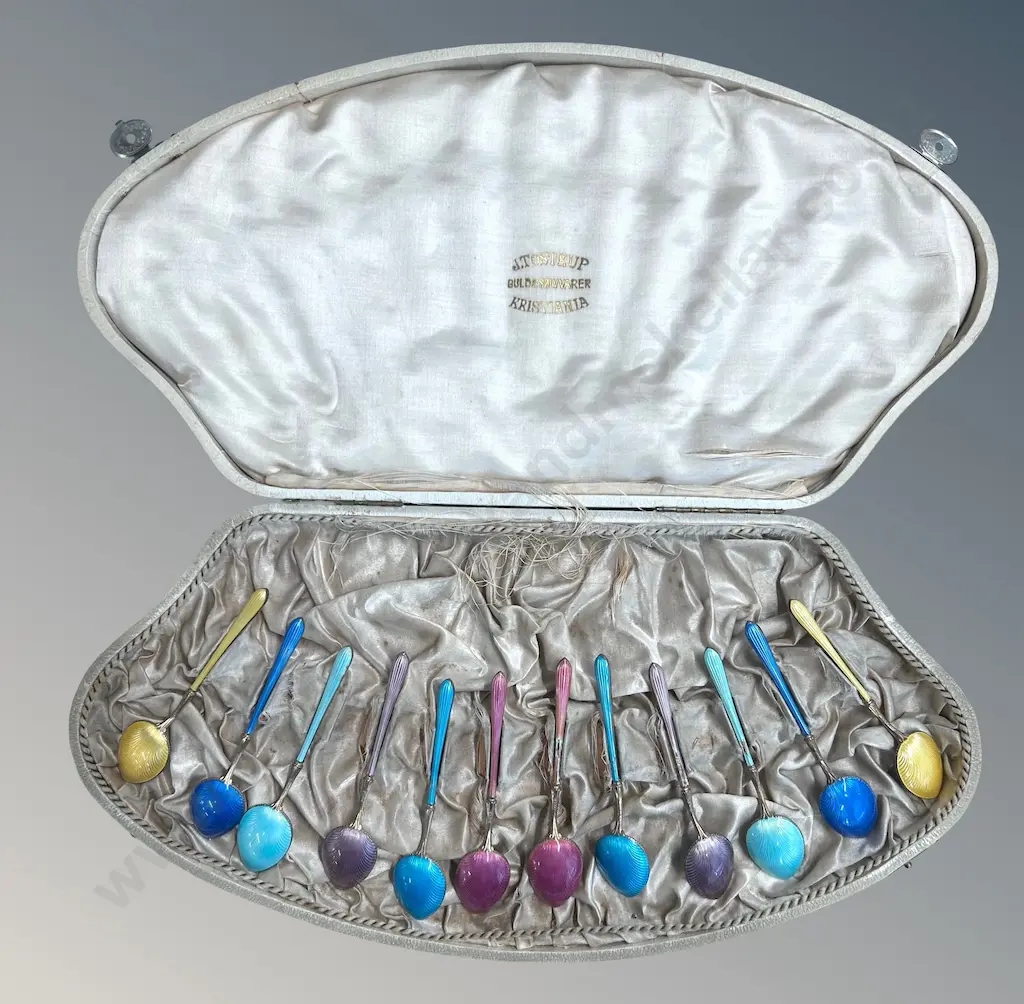 Cased set of J Tostrup Sterling Silver Enamel Backed Teaspoons TW175gms Image 1++