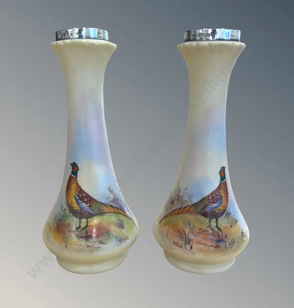 Pair of Royal Worcester Sterling Silver Mounted Vases signed W Stinton, Pheasant Pattern, H18cm Image 1++
