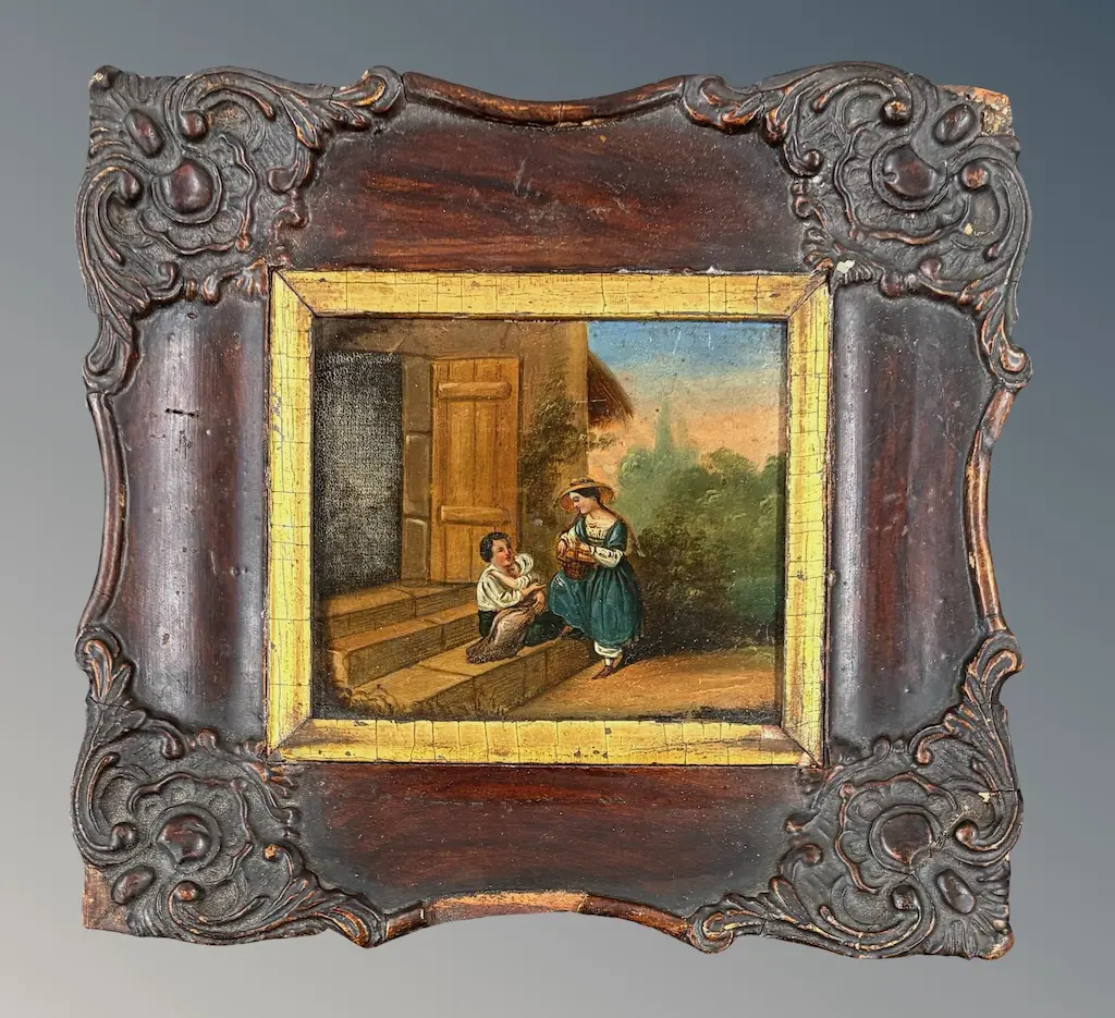 Early oil Family on Steps in Carved Wooden Frame, 80x90mm Image 1++