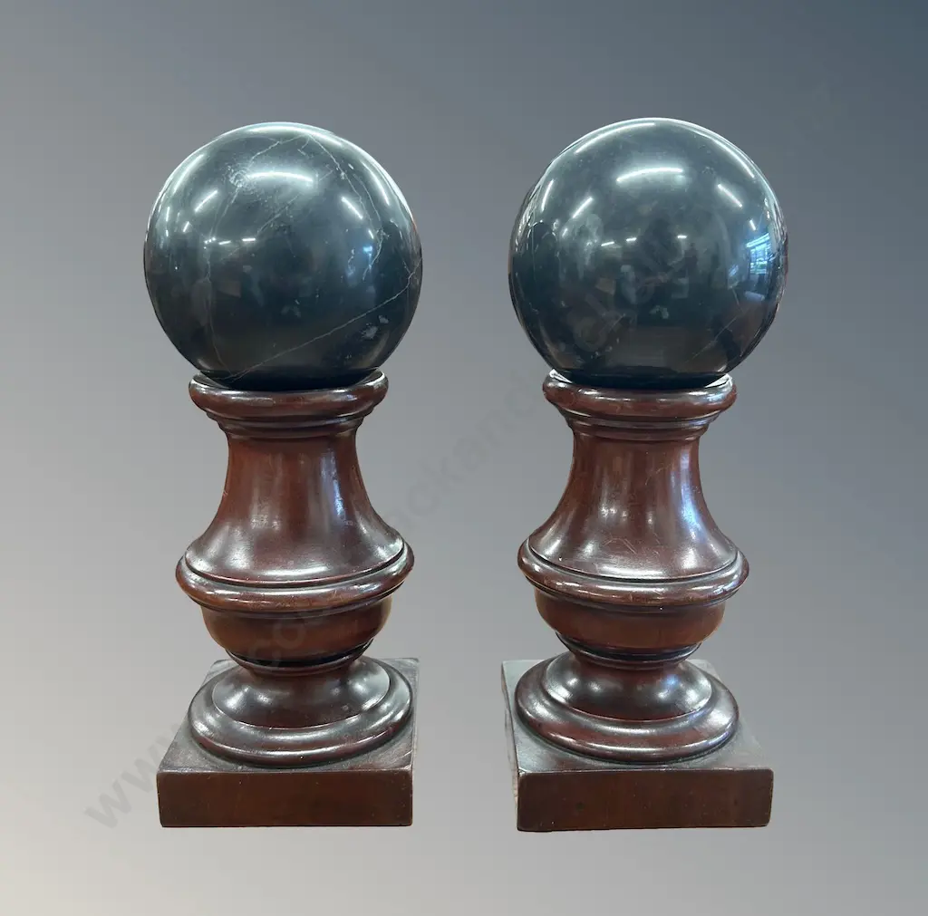Pair of Italian Marble Orbs on Mahogany Stands H26cm Image 1++