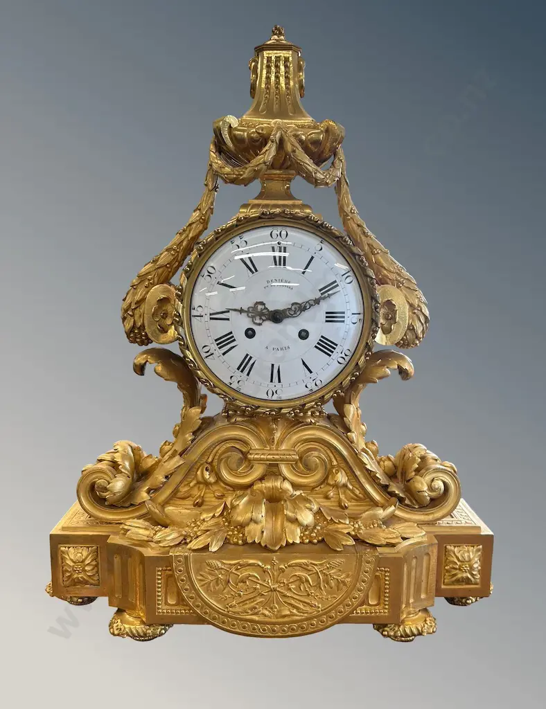 Bronze 19thC French Ormolu Neoclassical Style Mantle Clock signed on Face, Deniere, Paris, H53xL39cm Image 1++