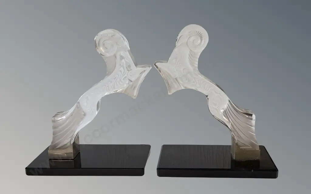 Maurice Model Art Deco 'Leaping Ram' Glass Bookends, AF base H24cm Image 1++