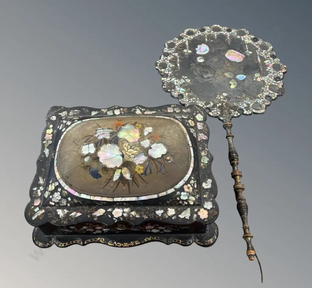 Decorative Ebony and Mother of Pearl Inlayed Trinket Box and Face Screen Image 1++