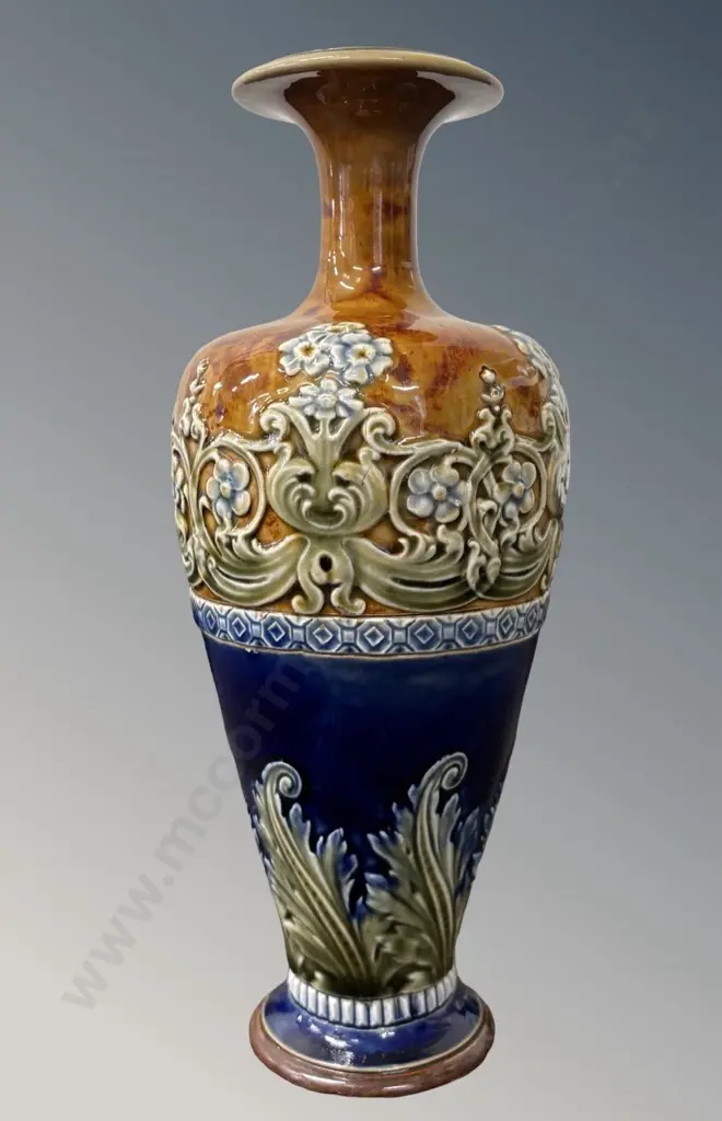 Doulton Lambeth Stoneware Vase with Raised Floral Motifs on Blue Glaze, H25cm Image 1++