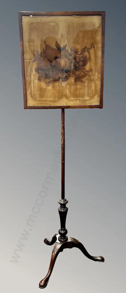 Victorian Mahogany Pole Screen with Fruit Still Life Panel, H152cm Image 1++