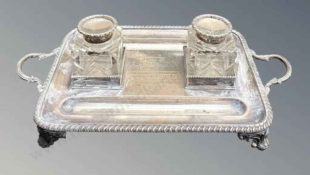Sterling Silver Ink Stand with 2 Cut Glass Inkwells with Sterling Silver Tops, Presented 1893, TW554gms (w/o inkwells) Image 1++