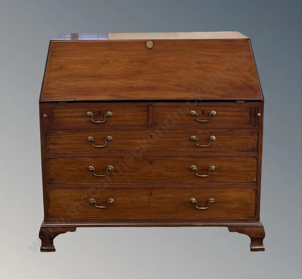 Georgian Mahogany Graduated Five Drawer Writing Bureau with Fitted Interior and Brass Drawer Pulls on Bracket Feet Image 1++