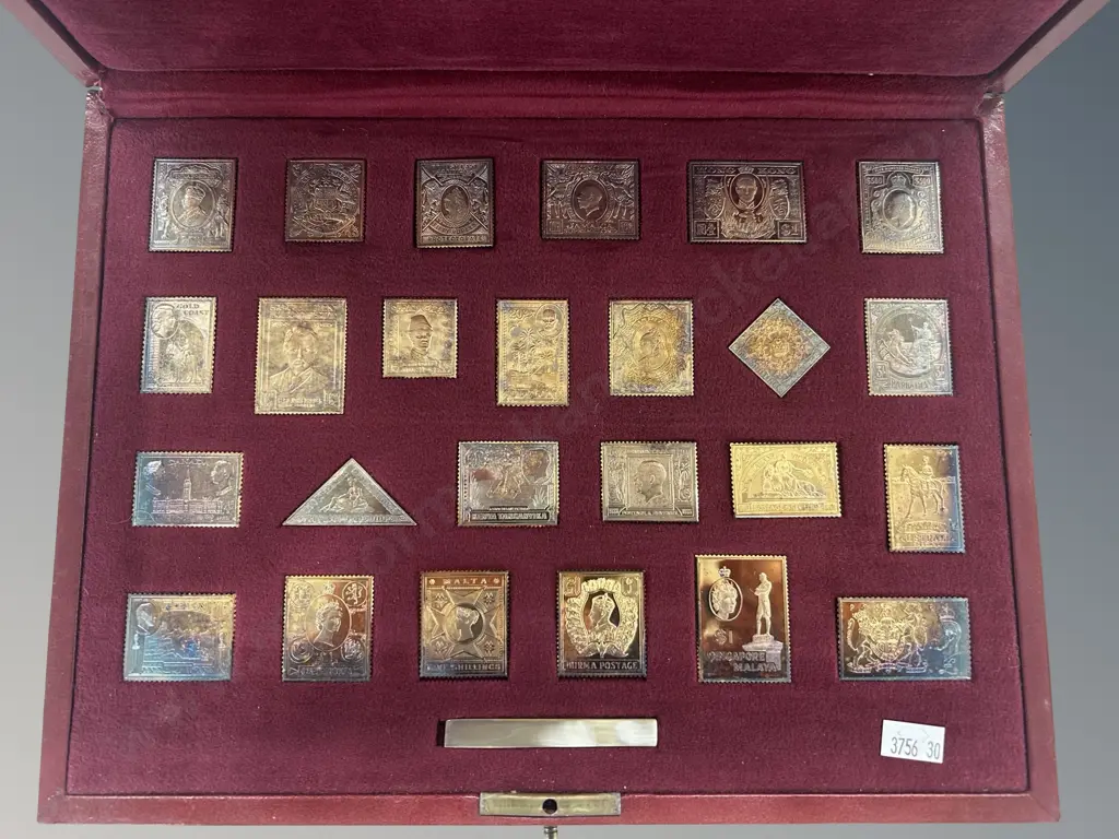 Boxed Set of Gold Plated Sterling Silver Replicas of the Empire Collection of Stamps, TW464gms Image 1++