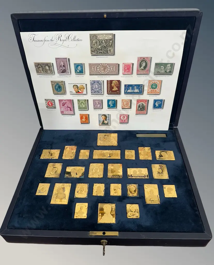 Boxed Set of Gold Plated Sterling Silver Replicas of the Royal Collection of Stamps, TW462gms Image 1++