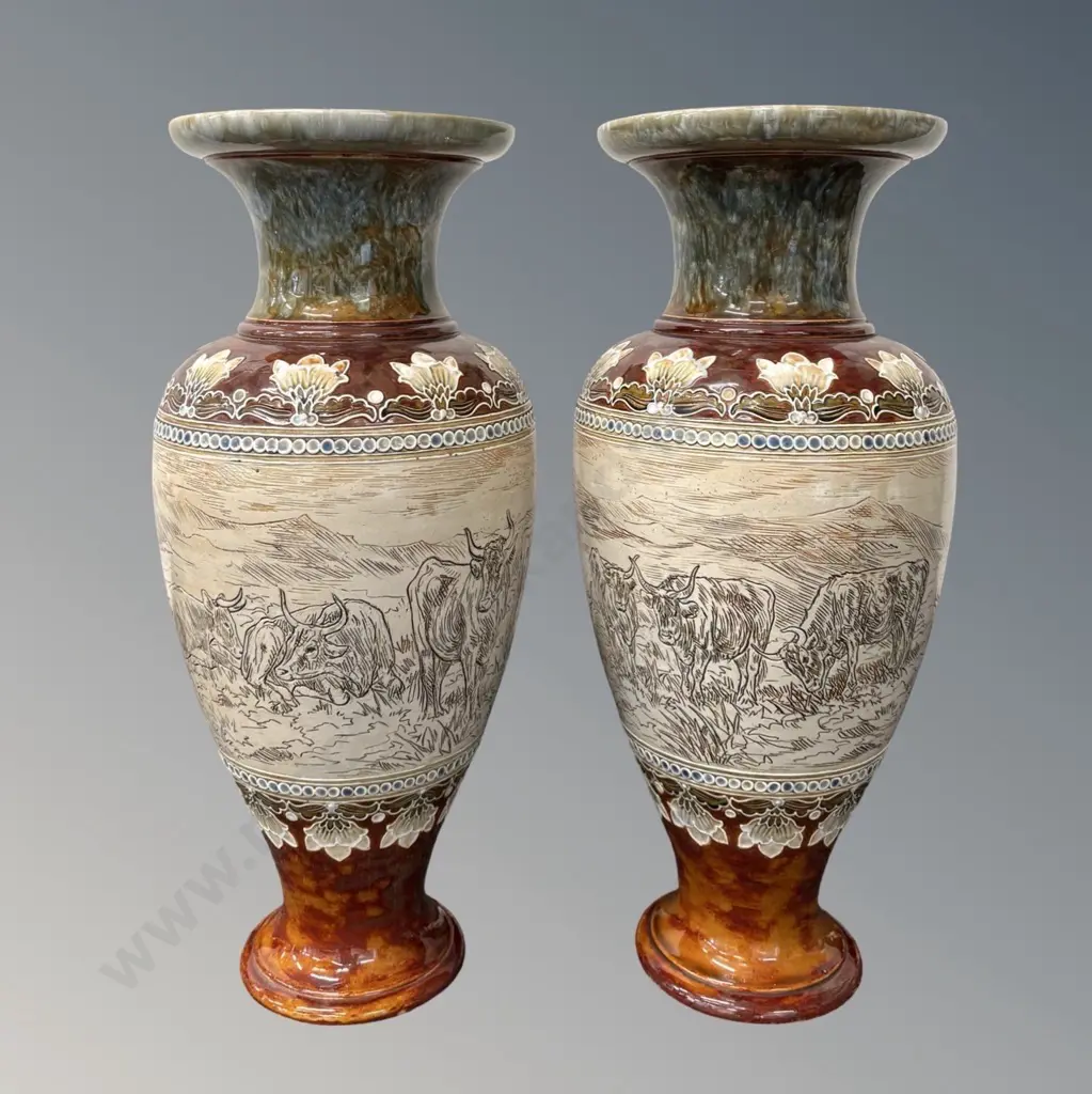 Pair of Doulton Lambeth Vases with frieze depicting cattle and landscape, signed Hannah Barlow H47cm Image 1++