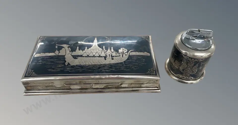 Siam Sterling Wood Lined Cigar Box and Lighter with Weight Base, TW660gms Image 1++