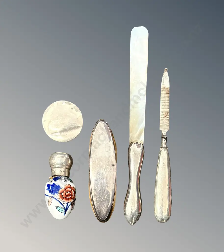 Sterling Silver Nail Buffer, Sterling Lidded Porcelain Snuff Bottle AF, Nail File, Lid & MOP Paper Knife, TW53.3gms Image 1++