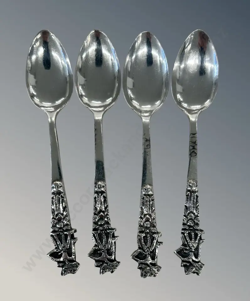 Set of Four .800 Silver Decorative Handled Teaspoons TW58gms Image 1++