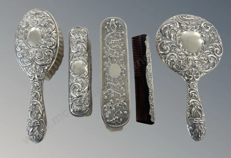 Sterling Silver Dressing Table Set - Hand Mirror, Hairbrush, Clothes Brushes & Comb TW719gms Image 1++