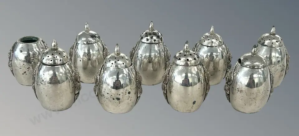 Nine Sterling Silver Pepper and Salt Pots with Embossed Thai Deity TW207gms Image 1++