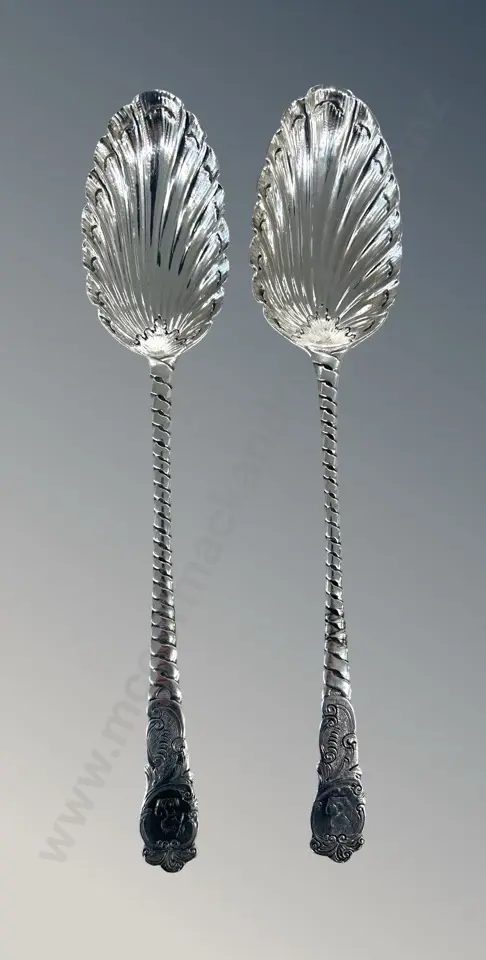 Two Scalloped Decorative Sterling Silver Serving Spoons TW168gms Image 1++