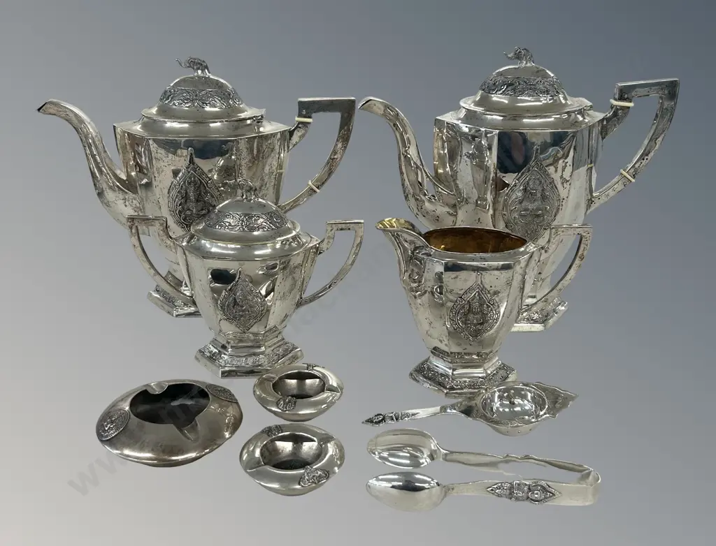 Thailand Sterling Silver Coffee Pot, Teapot, Sugar Bowl, Creamer, Tongs, Tea Strainer & Ashtrays, TW1666gms Image 1++