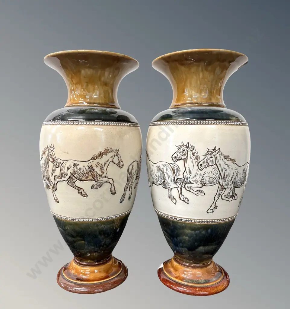 Pair of Doulton Lambeth Vases with frieze depicting horses, signed Hannah Barlow, H42xD18cm, AF to rim on one Image 1++