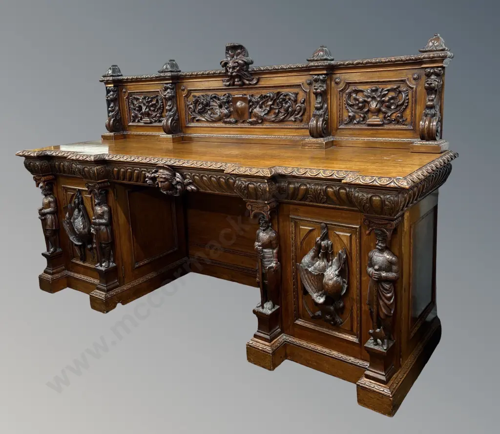 Large Oak Jacobean Style Sideboard with Two Doors and Three Drawers, Intricately Carved Figures, Game Birds and Griffins Image 1++