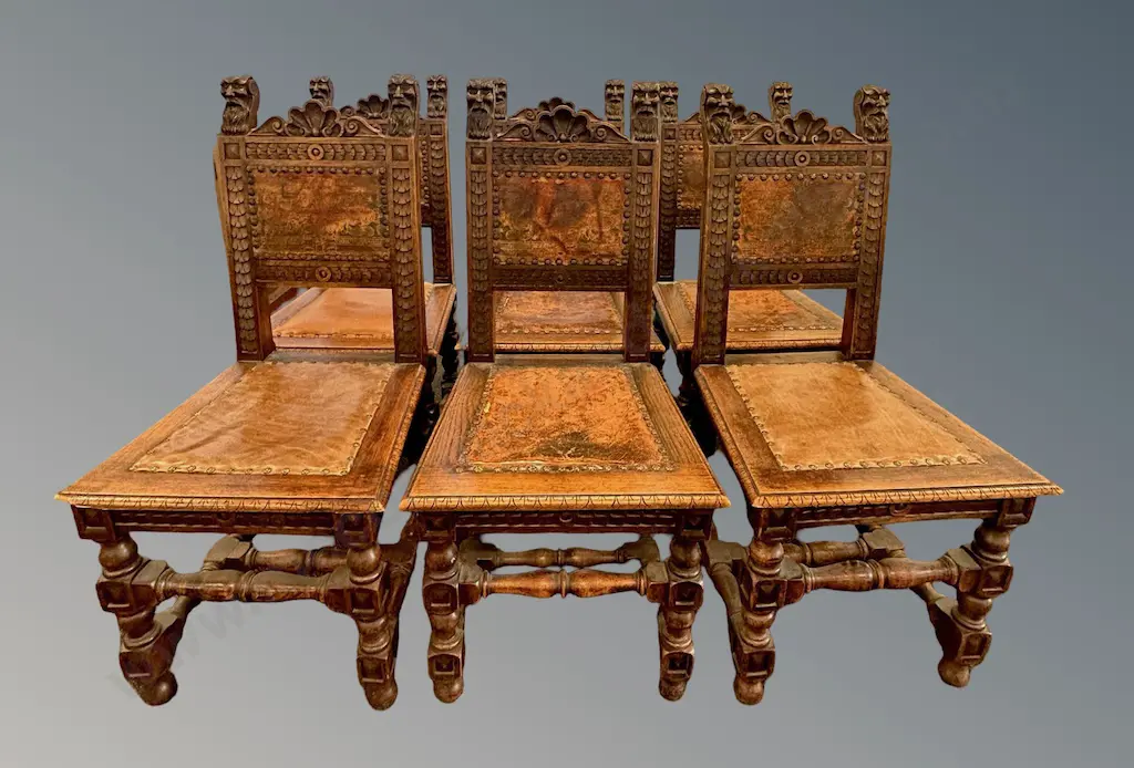 Set of Six Intricately Carved Oak Jacobean Style Dining Chairs with Leather Upholstery Image 1++