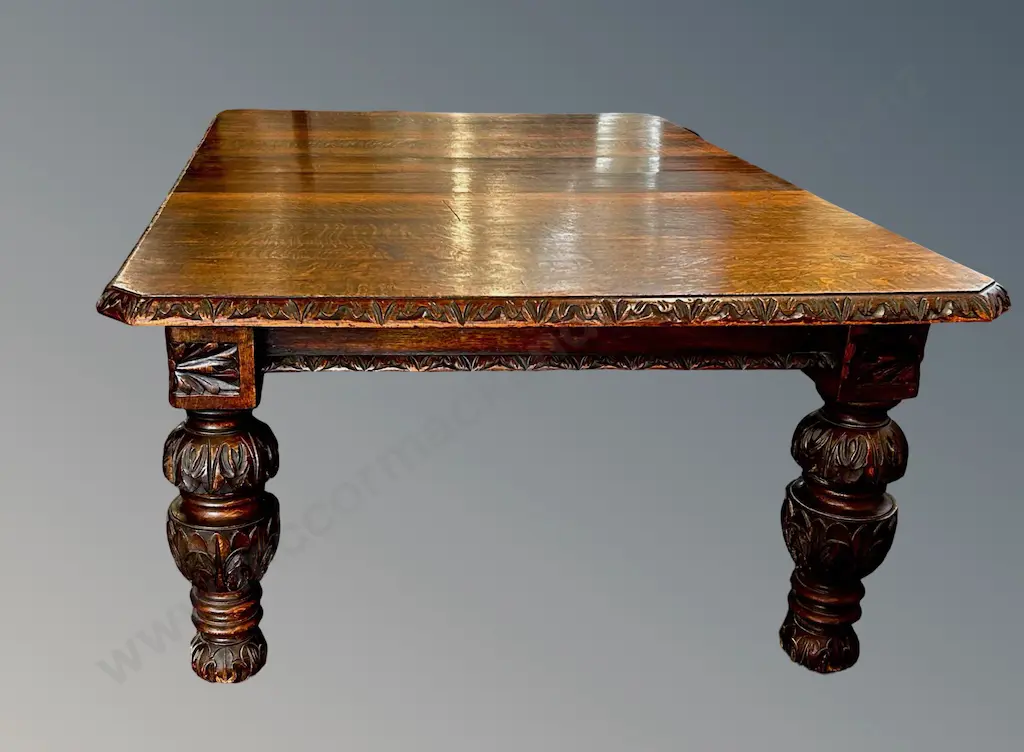 Heavily Carved Jacobean Style Oak Extendable Dining Table L188xW132xH75cm Image 1++