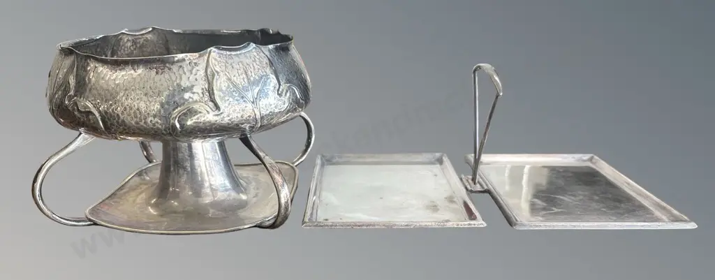 Art Deco Silver Plate Folding Sandwich Tray and Art Nouveau Hand Beaten Silver Plate Centre Bowl with Lilypads Image 1++