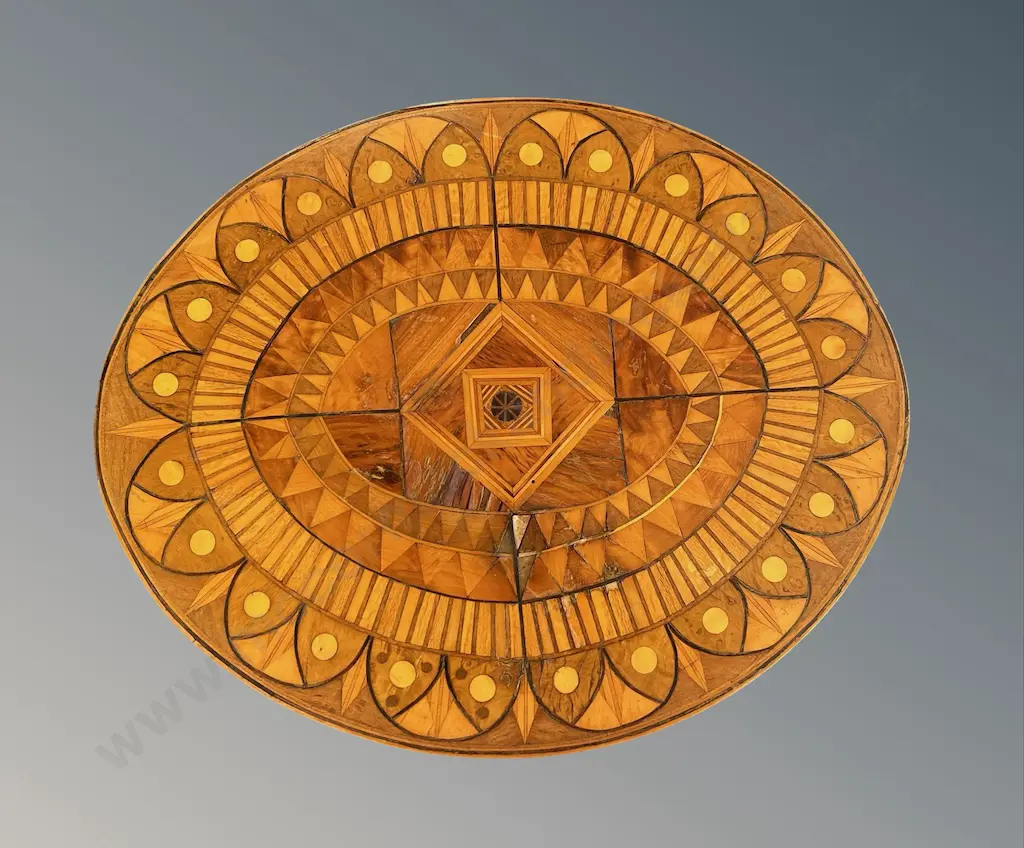 Oval Marquetry Occasional Table on a Centre Pedestal Four Point Base H62xL60xD49cm Image 1++