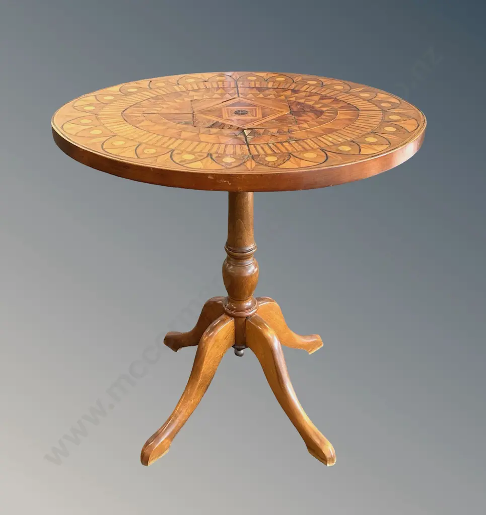 Oval Marquetry Occasional Table on a Centre Pedestal Four Point Base H62xL60xD49cm Image 1++