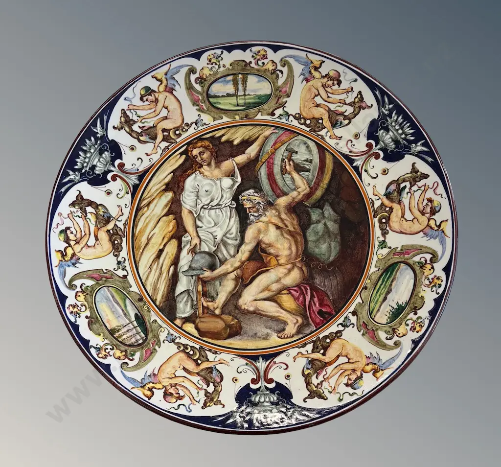 Large Faenza Italy Hand Painted Charger - Tetide Delivers the Arms to Achilles - G. Romano, D39cm, AF crack Image 1++