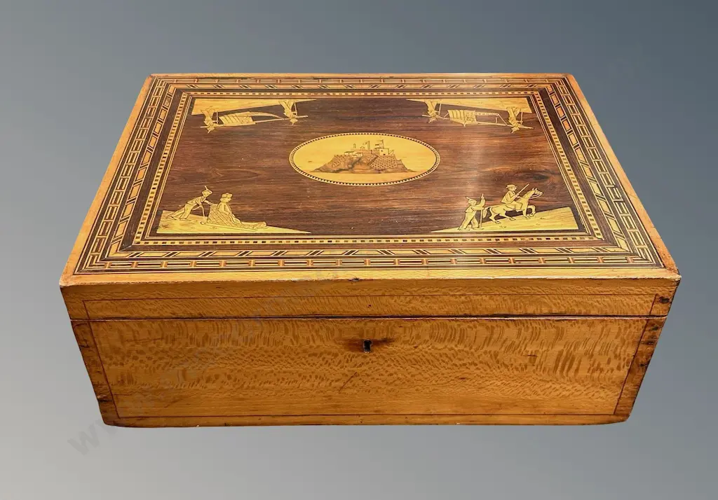 Victorian Satinwood Inlaid Sewing Box with Fitted Interior H12xL32xD25cm Image 1++