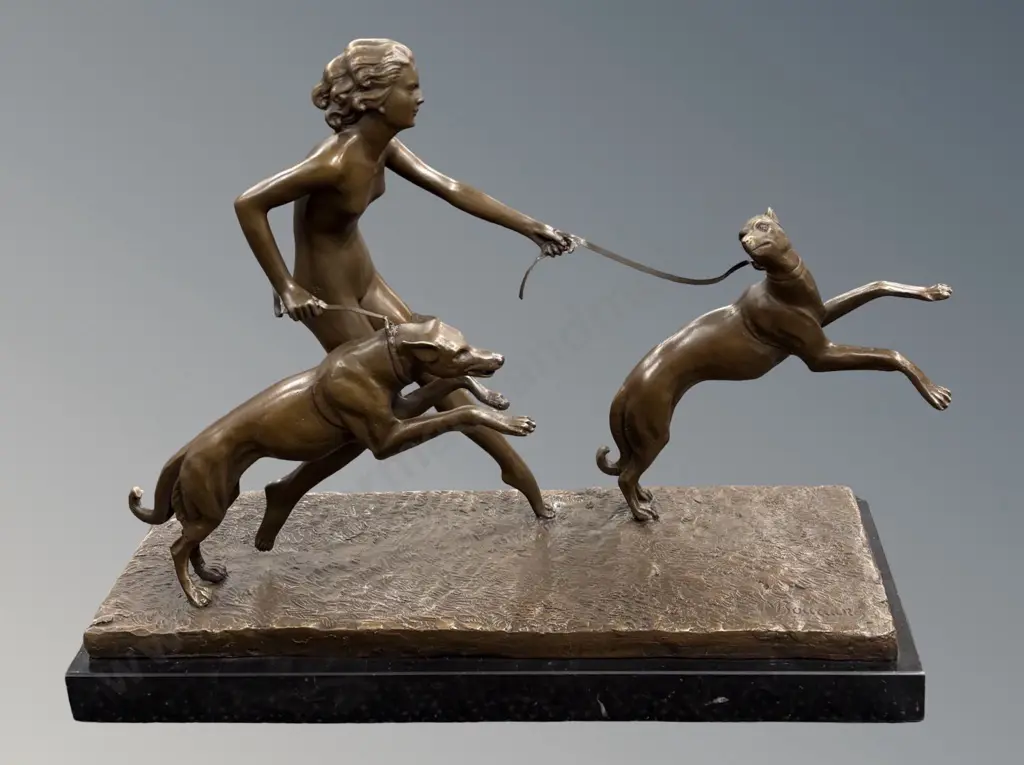 Bronze Figurine with Greyhounds on Marble Base, after M Bouzaine, H32x41xW13cm Image 1++