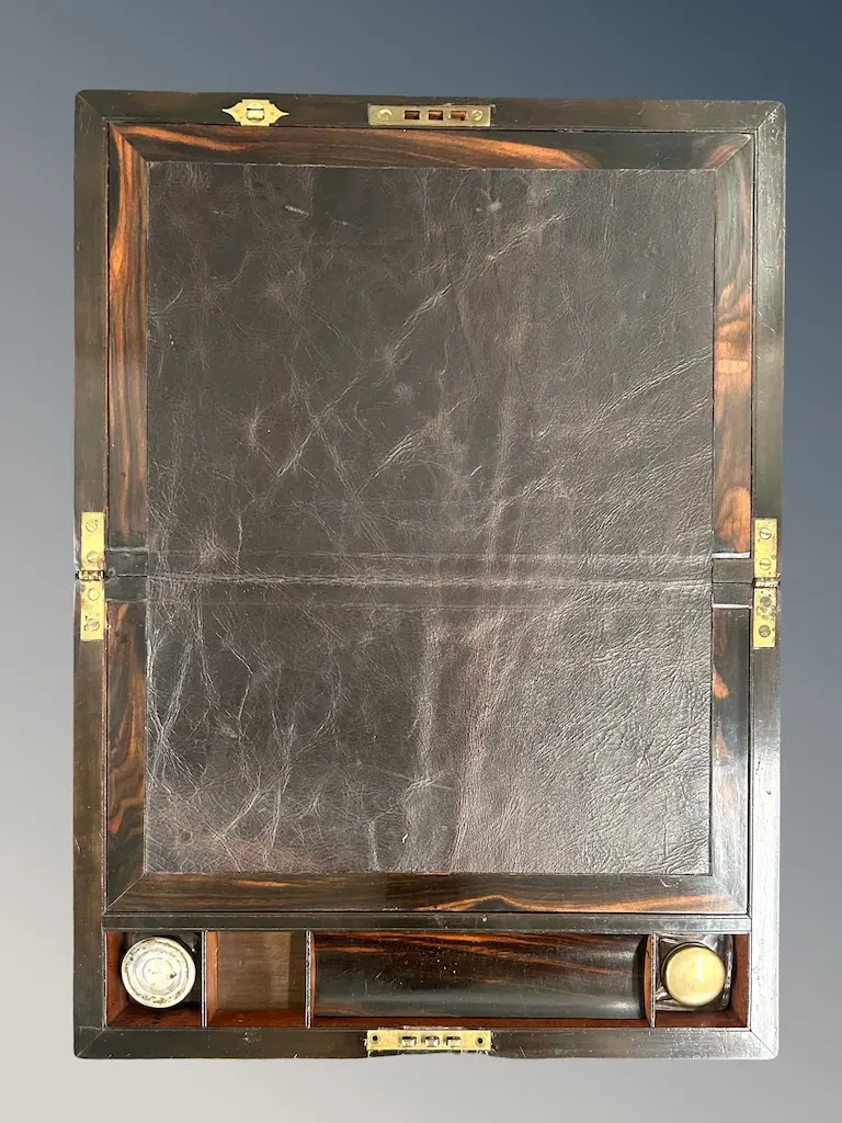 Victorian Inlayed Coromandel Writing Box with Gilt and Paua Inlay, two Secret Drawers with Original Key L36xD24xH14cm Image 1++