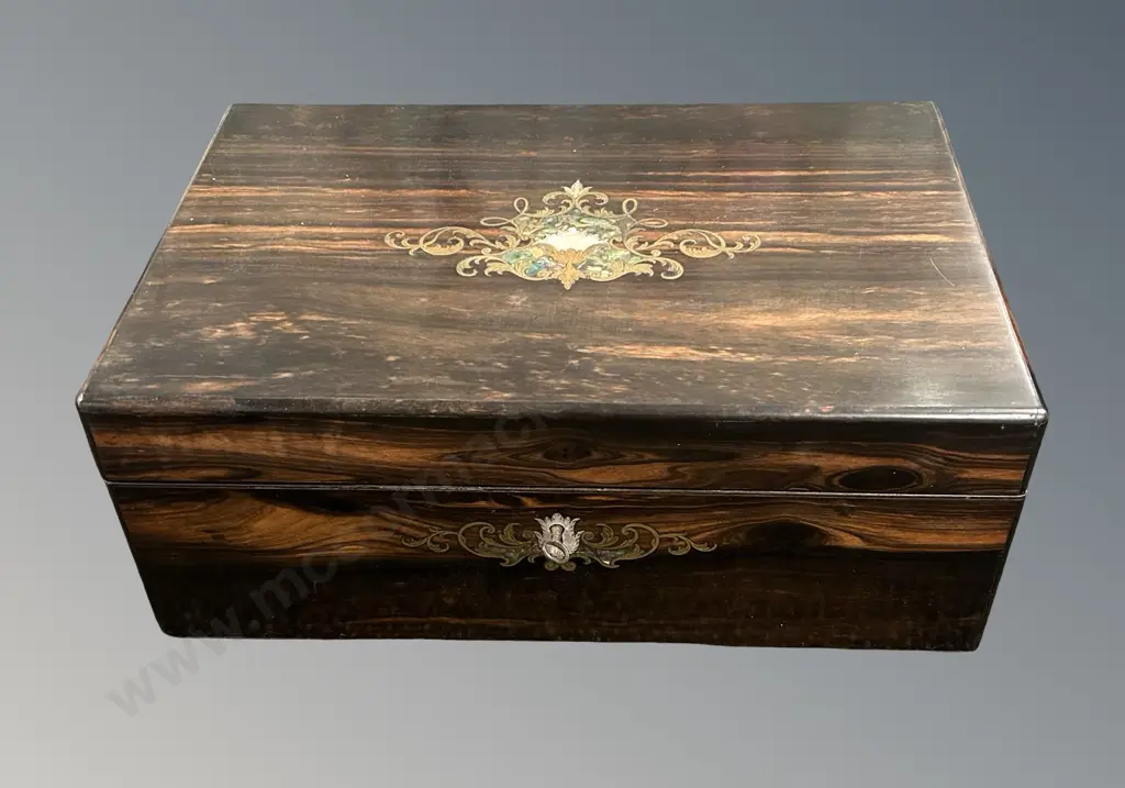 Victorian Inlayed Coromandel Writing Box with Gilt and Paua Inlay, two Secret Drawers with Original Key L36xD24xH14cm Image 1++