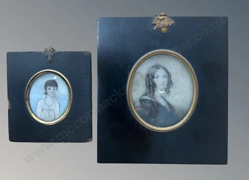 Pair of Victorian Handpainted Miniatures 16x14, 10x10cm Image 1++