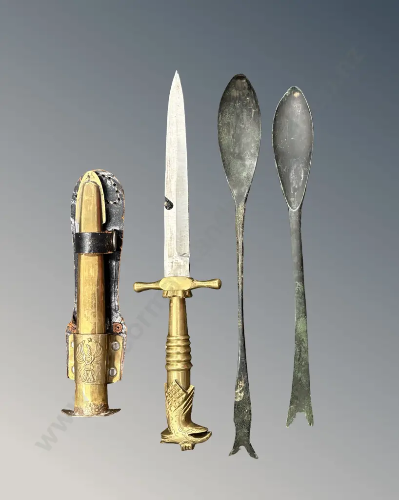 Early Bronze Incense Spoons & Brass Eagle Handle Knife with Brass and Leather Sheath Image 1++