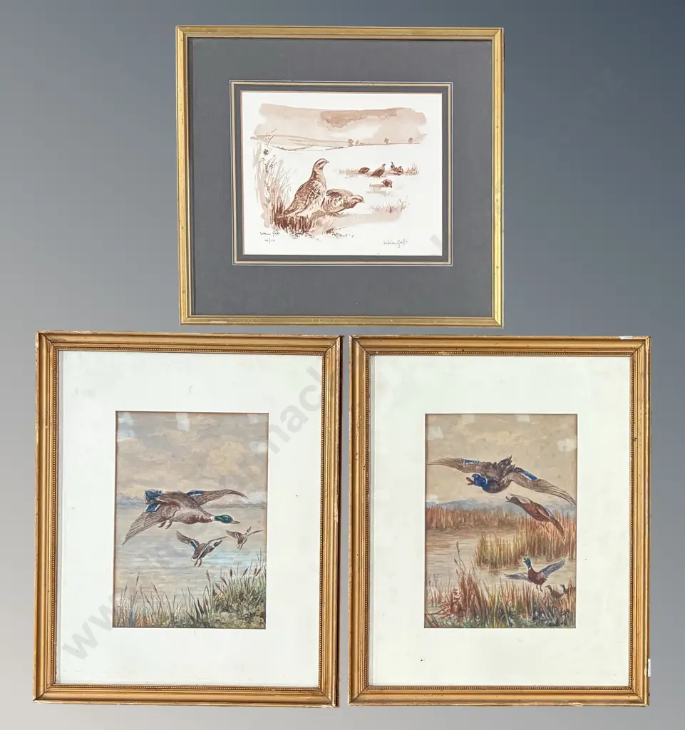 Pair of Initialed (RH corner) - Ducks in Flight, watercolour on Paper and William Garfit - Partridges, Ltd Ed 95/150 Image 1++