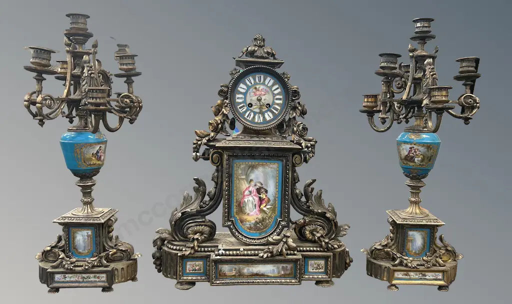 French Brass and Enamel Clock, 55cm with a Pair of Supporting Candelabras, H59cm Image 1++