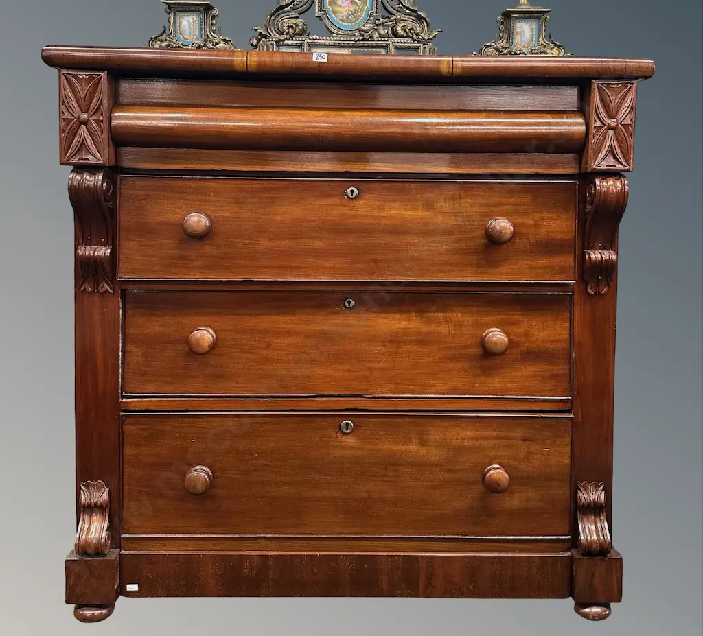 Mahogany 4 Drawer Chest with carved side Pilasters on Bun Feet, L102xH103xD53cm Image 1++