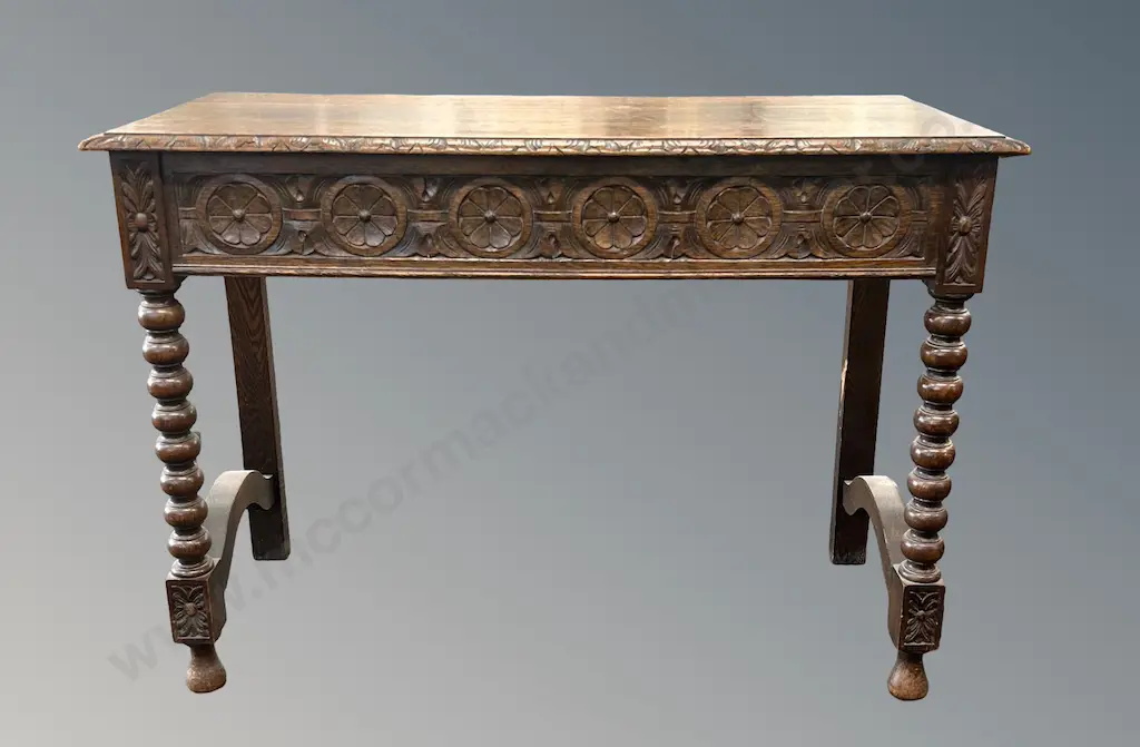 Oak Jacobean Style Side Table with Cotton Reel Legs and Single Side Drawer H76x108xD45cm Image 1++