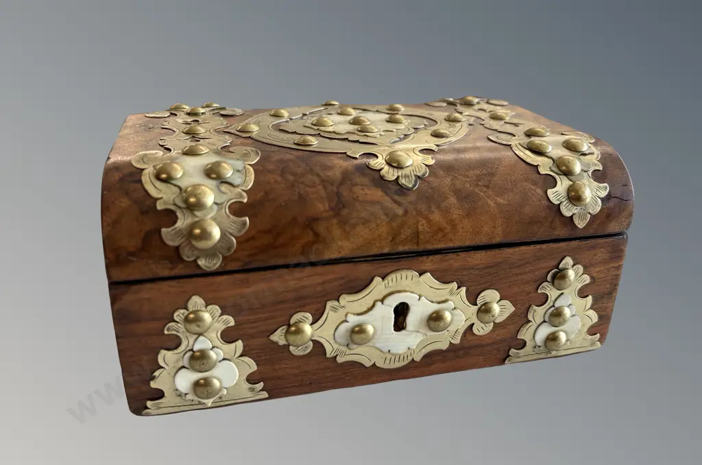 Walnut, Brass and Mother of Pearl Bound Jewellery Box L18xD13cm Image 1++