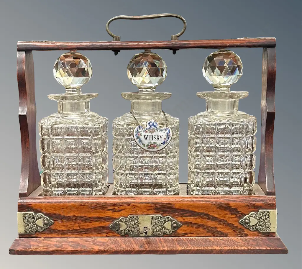 Victorian Oak and Metal Bound Tantalus with Crystal Decanters Image 1++