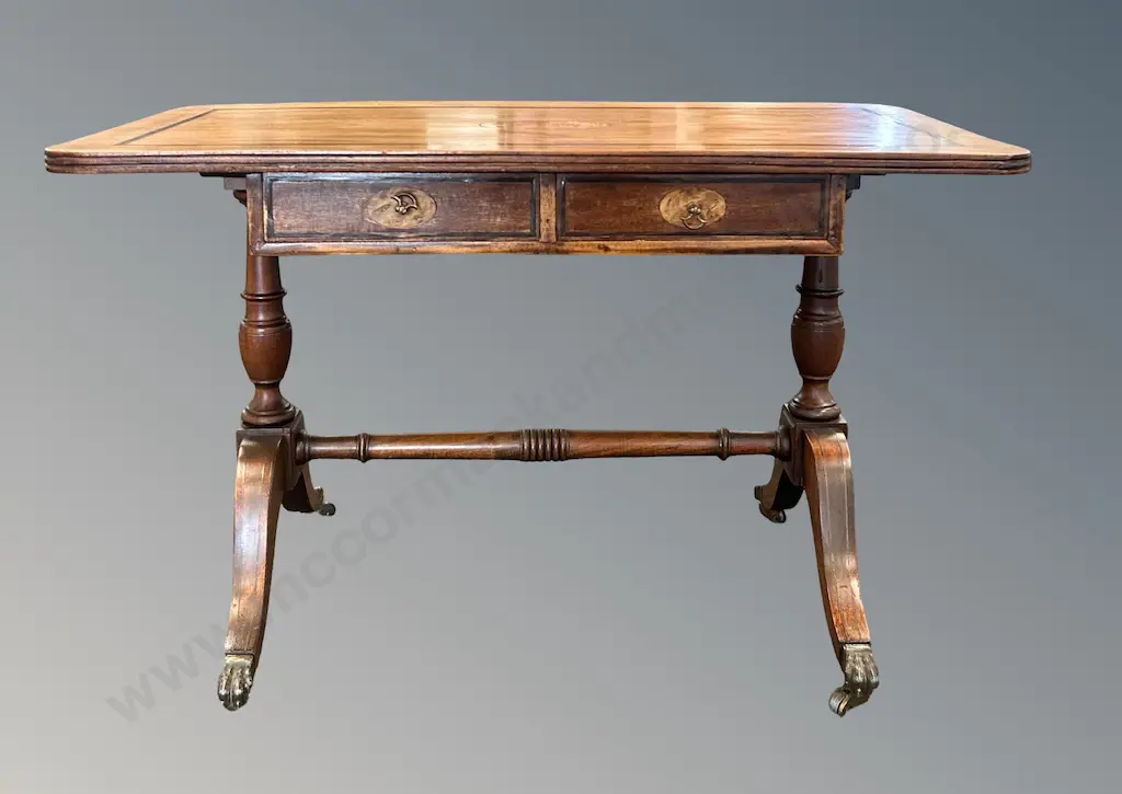 Mahogany with Ebony Inlay Two Drawer Occasional Table on a Refectory Base with Brass Claw Feet H49xL79xD40cm Image 1++