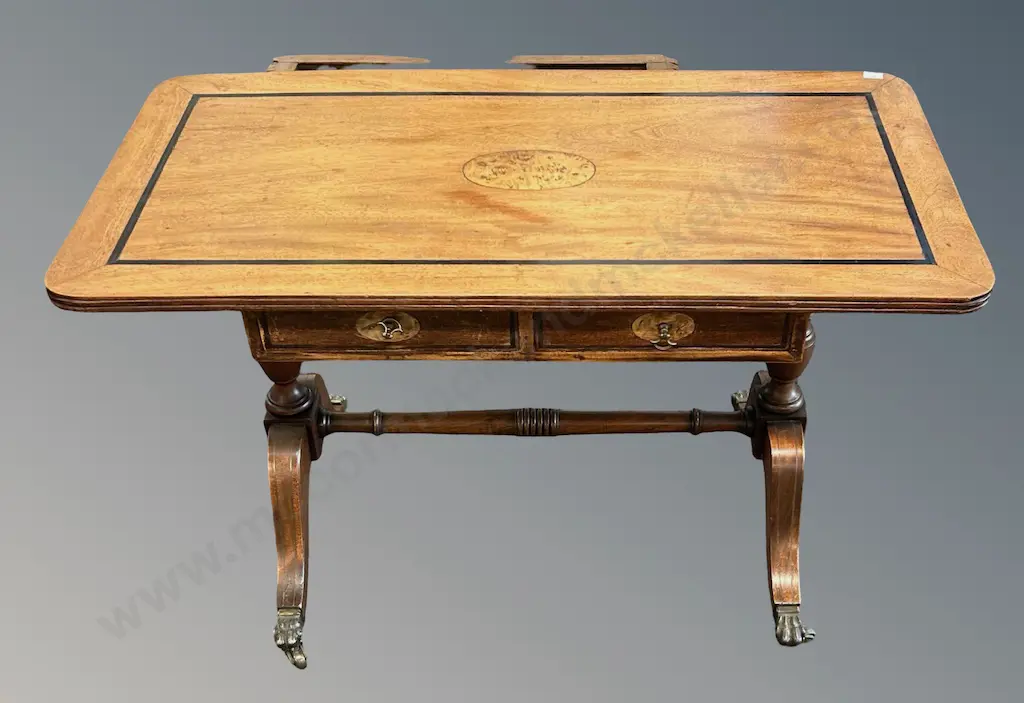 Mahogany with Ebony Inlay Two Drawer Occasional Table on a Refectory Base with Brass Claw Feet H49xL79xD40cm Image 1++