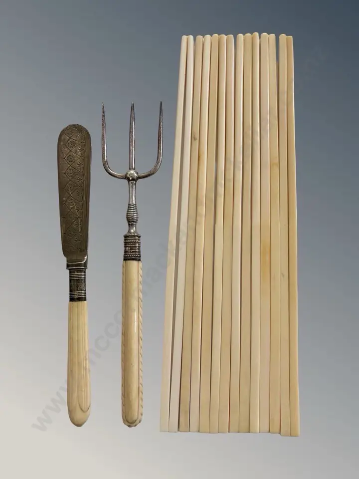 Ivory Chopsticks, Ivory Handled Bread Fork and Pate Knife Image 1++