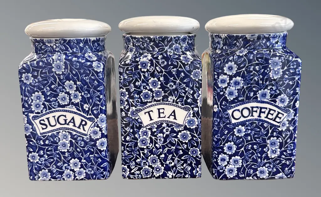 Calico Burleigh England Coffee, Tea and Sugar Lidded Cannisters, H19cm Image 1++