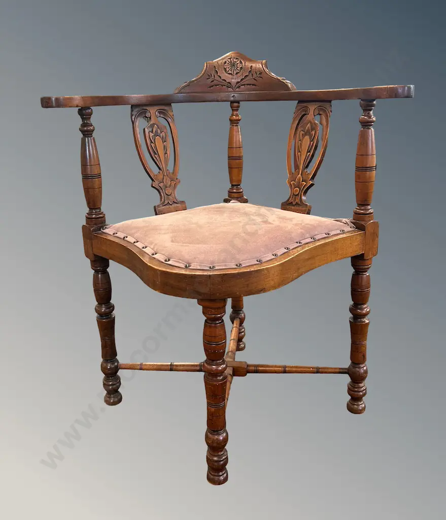Wooden Corner Chair with Upholstered Seat and carved splatbacks Image 1++