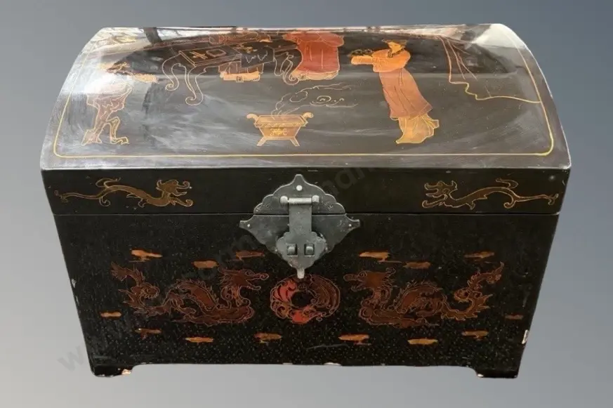 Chinese Black Lacquer Dome Top Chest with Dragon Chasing Pearl and Scroll Detailing H41xL61xD47cm Image 1++